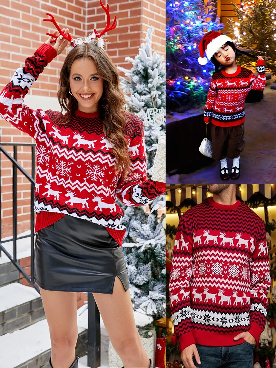 Christmas Reindeer Snowflake Knit Sweater For Family Matching Xmas Round Neck Pullover Warm Winter Casual Holiday Clothes