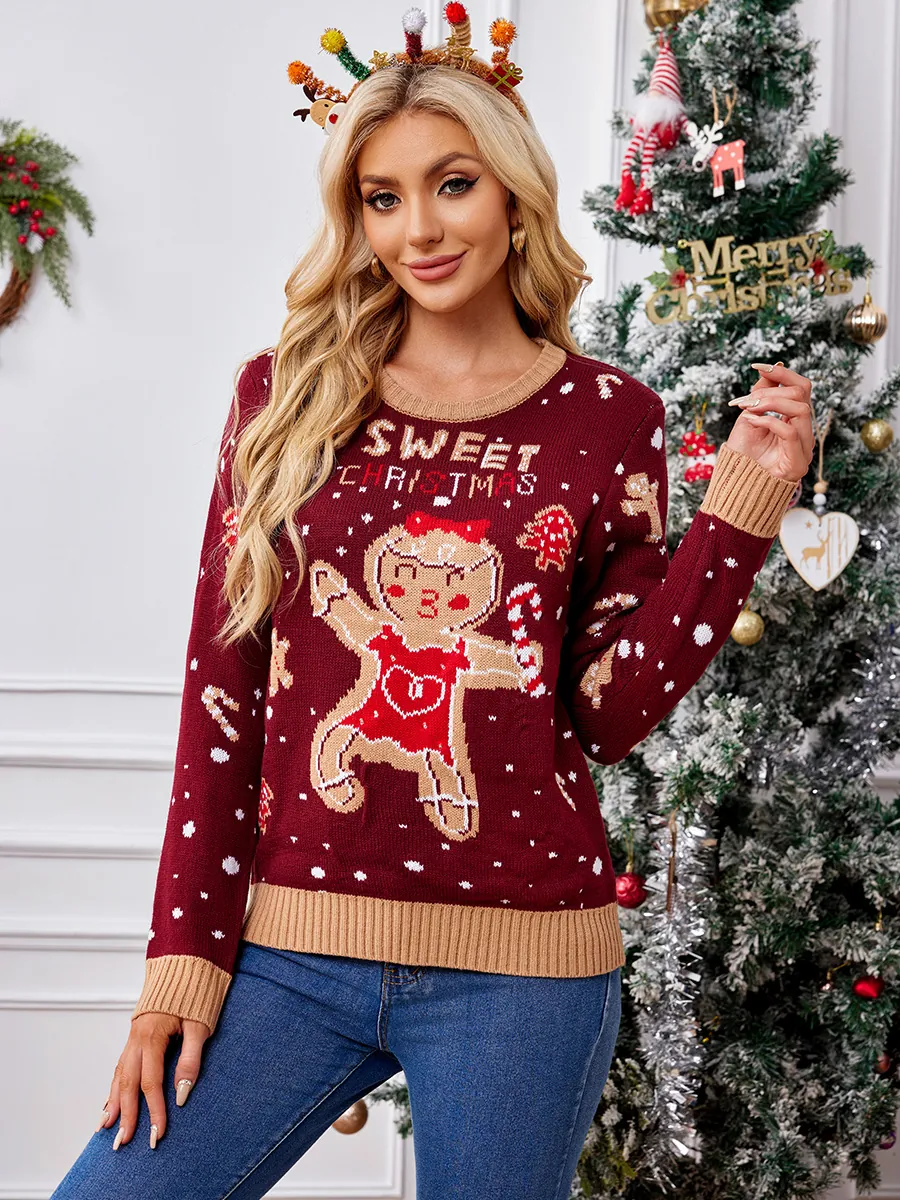 Dames Kerstmis Peperkoekman Trui Casual Wijnrood Gebreide Pullover Lange Mouw Ronde Hals Xmas Feest Gebreide Kleding