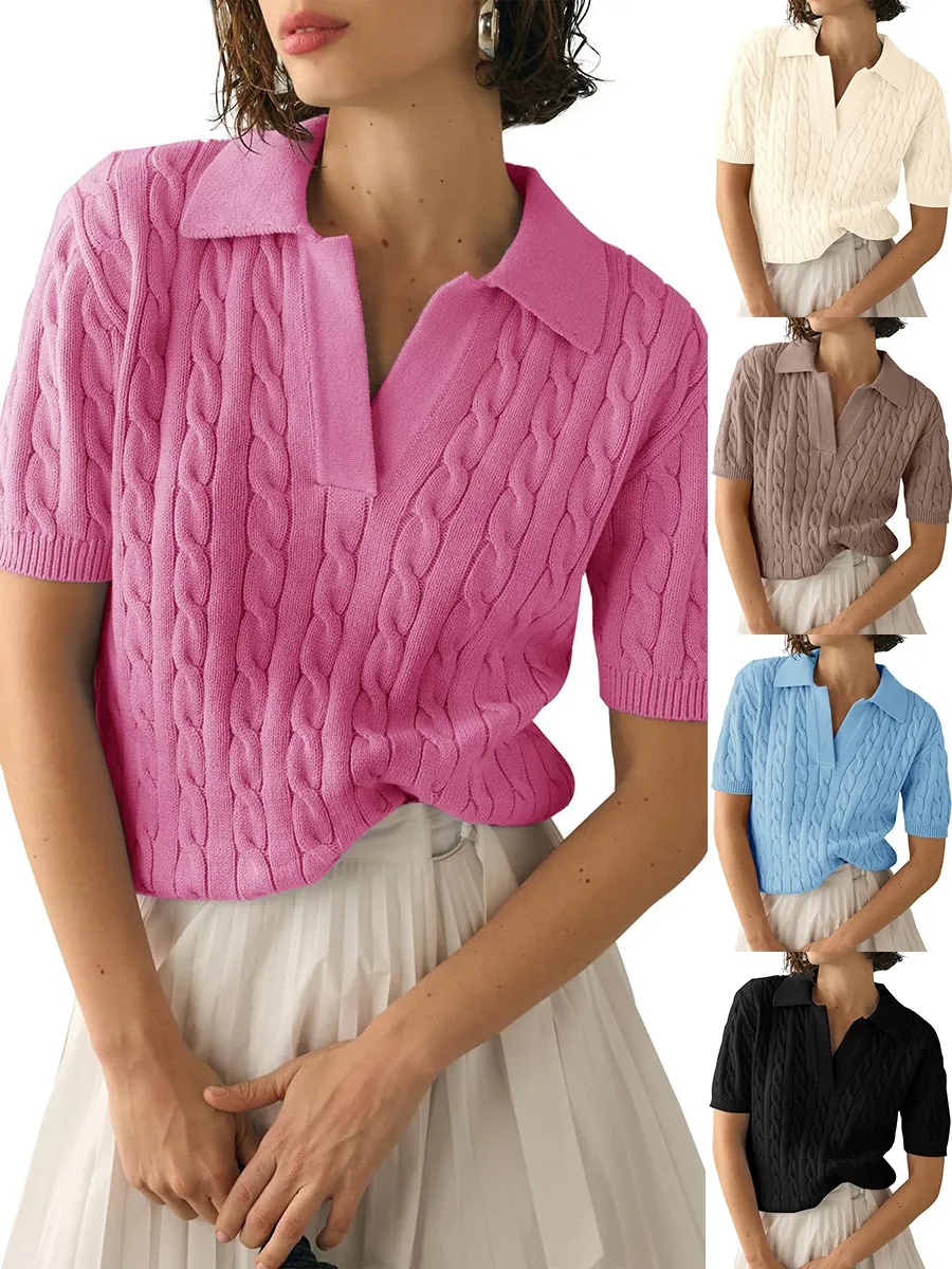 Women Polo Collar Short Sleeve Cable Knit Sweater Elegant V Neck Slim Fit Solid Color Core Spun Yarn Knit Top Pullover