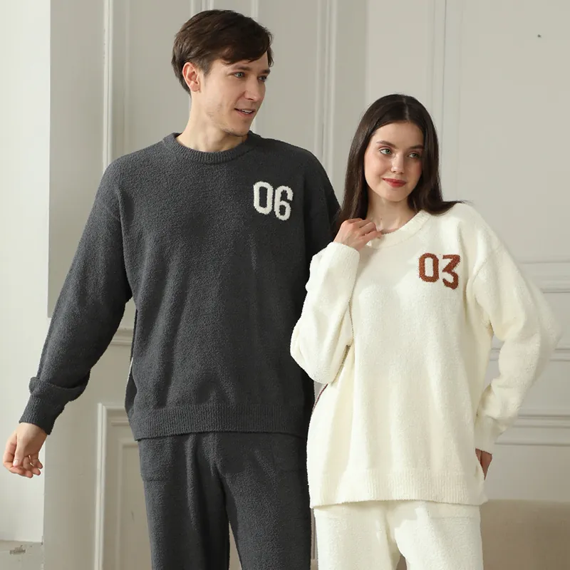 Women's Men's Couple Fleece Pajamas Set Autumn Winter Thickened Pullover Top And Bottom Loungewear Polyester Homewear Casual Sleepwear