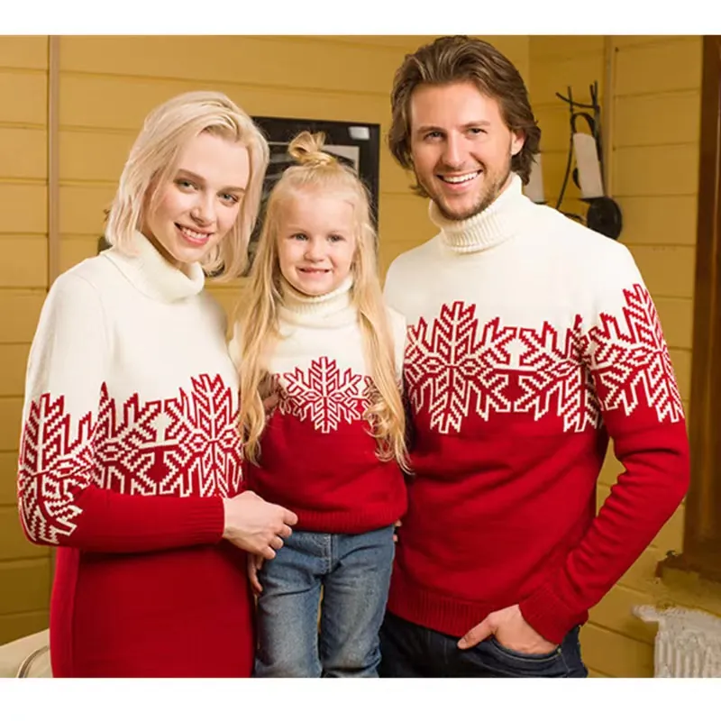 Maglione Jacquard Natale Fiocco Di Neve Per Donna Uomo Bambini Coordinato Genitori-Figli Rosso Bianco Patchwork Dolcevita Manica Lunga