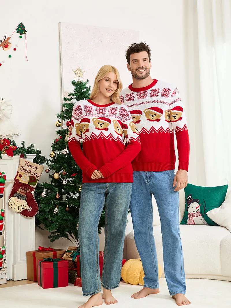 Suéter Navideño Festivo Mujeres Hombres Niños Oso Jacquard Pulóver de Punto Rojo Blanco Manga Larga Top Invierno Casual Punto Cálido