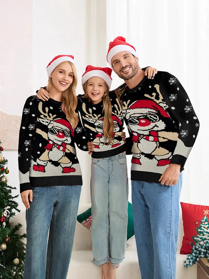 Kerst Rendier Jacquard Trui Viscosemix Losse Feestelijke Pullover Top Voor Heren Dames Kinderen Familie Gebreide Kleding