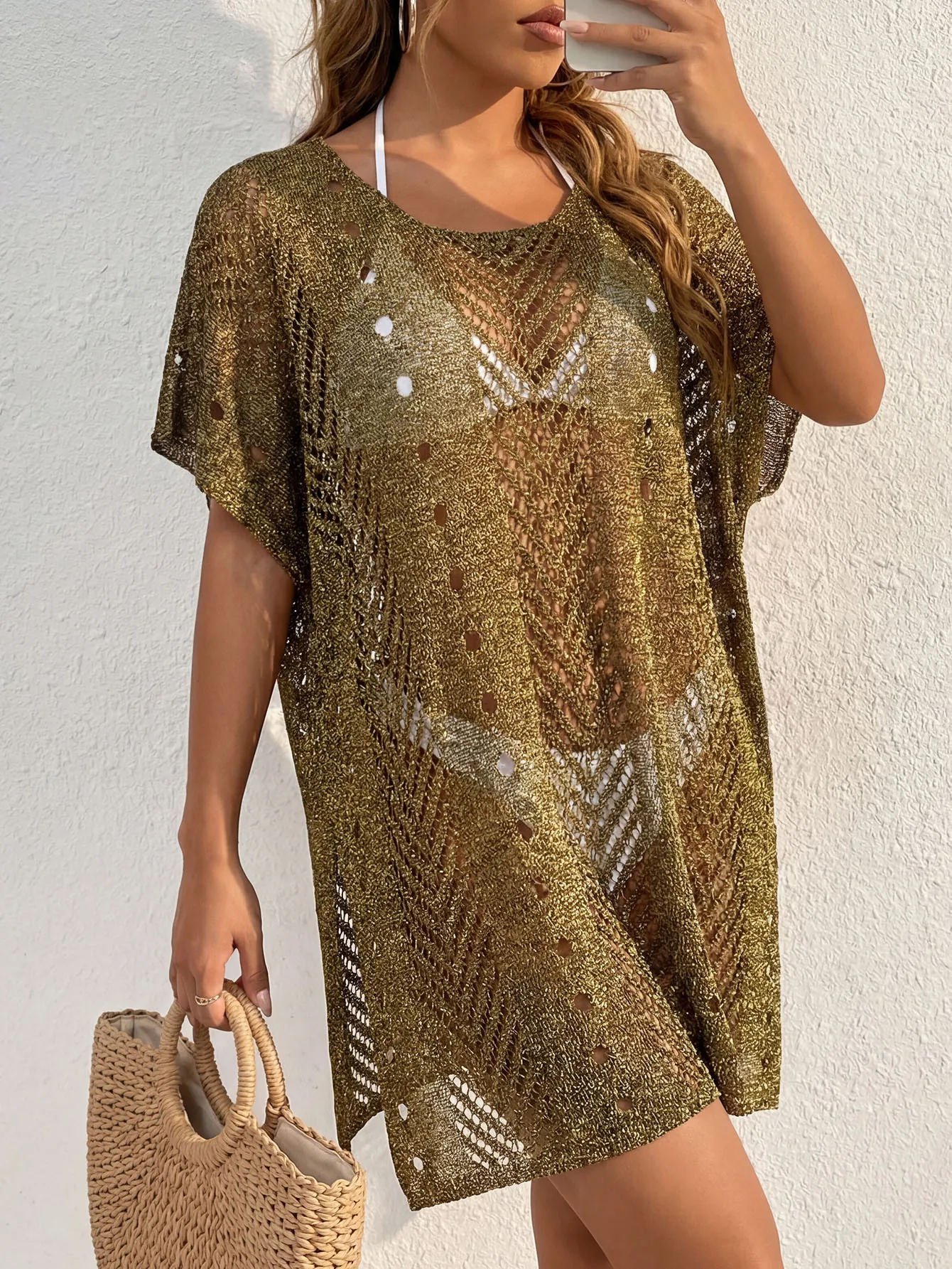 Women Sexy Sheer Metallic Silk Knit Beach Bikini Cover Up Dress V Neck Short Sleeve Hollow Out Summer Resort Wear Top