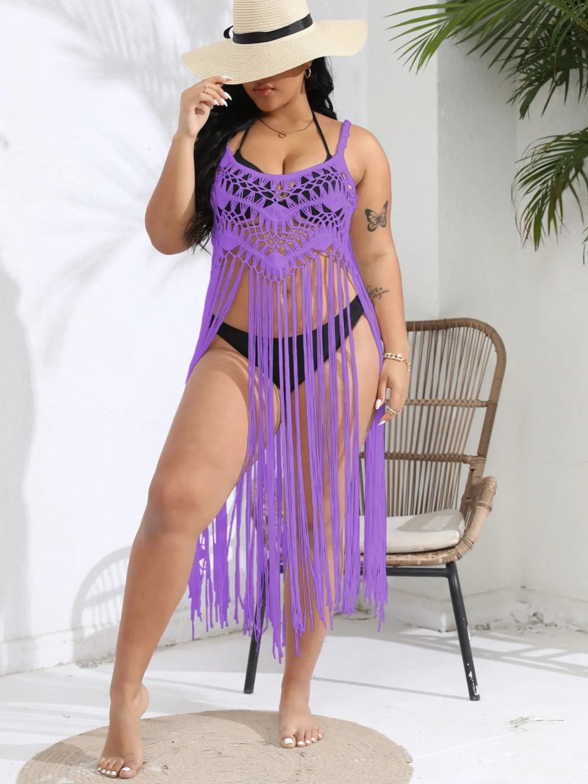 Robe Cache-Maillot de Plage au Crochet pour Femmes Grandes Tailles avec Glands Ajouré Sans Manches Bohémien Tricoté en Polyester