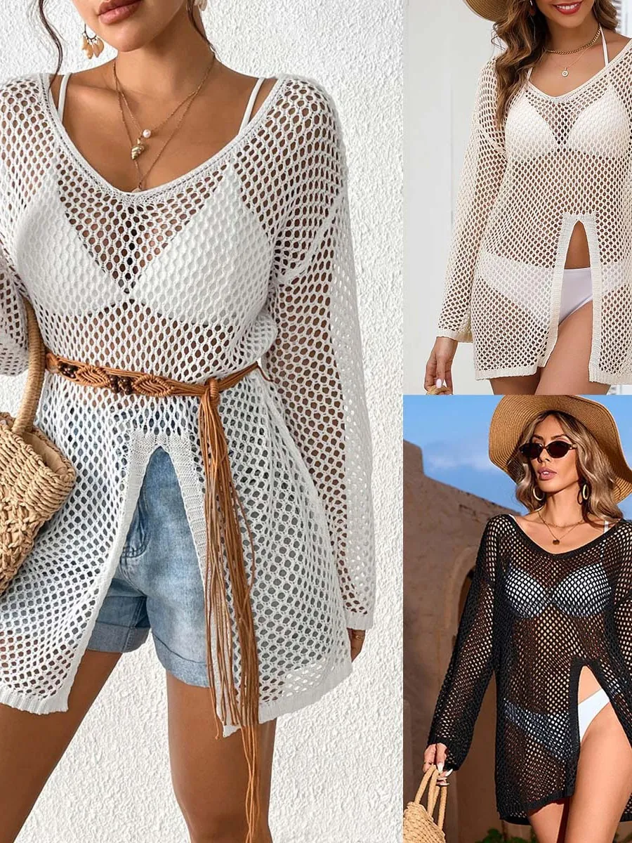 Women V-Neck Hollow Out Beach Cover-Up Crochet Side Slit Long Sleeve Polyester Bikini Coverup Dress For Vacation Beachwear