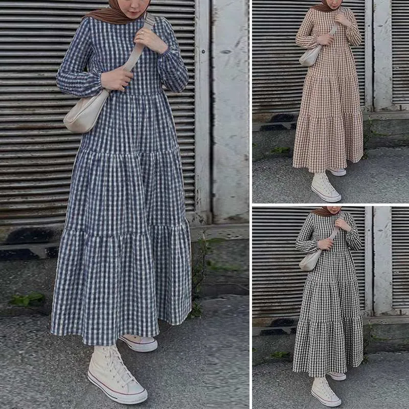 Women Gingham Puff Sleeve Tiered Maxi Dress Modest Elegant Round Neck Long Sleeve Flowy A-Line Dress Long Polyester Dress