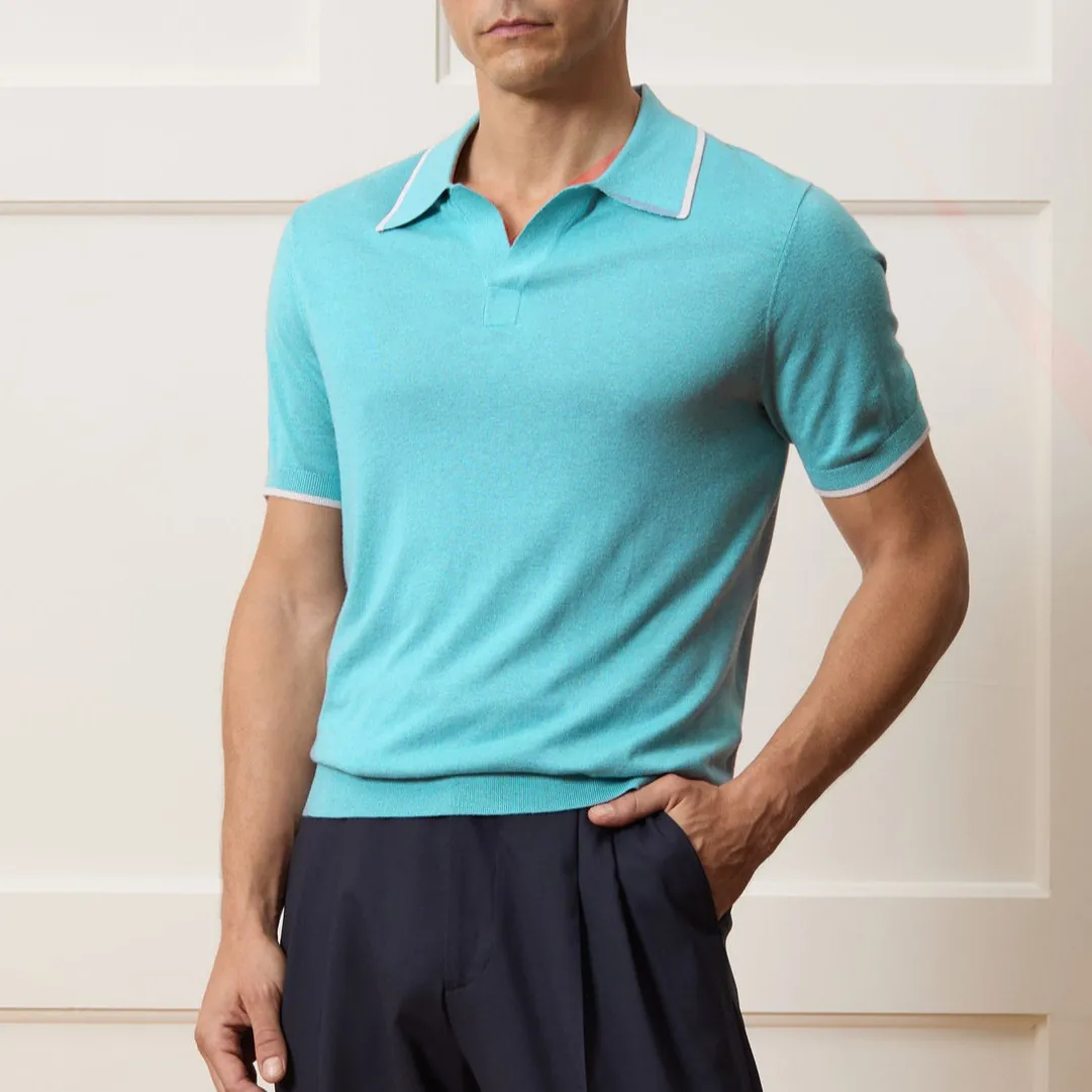 Men Casual Viscose Knit Polo Shirt Short Sleeve Contrast Trim V Neck Slim Fit Summer Breathable Solid Color Fashion Top
