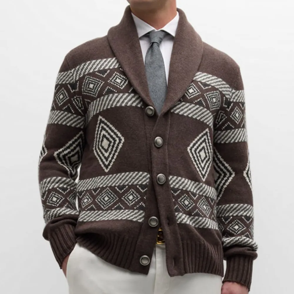 Men Shawl Collar Jacquard Knit Cardigan Sweater Jacket Geometric Diamond Pattern Business Casual Winter Warm Knit Top