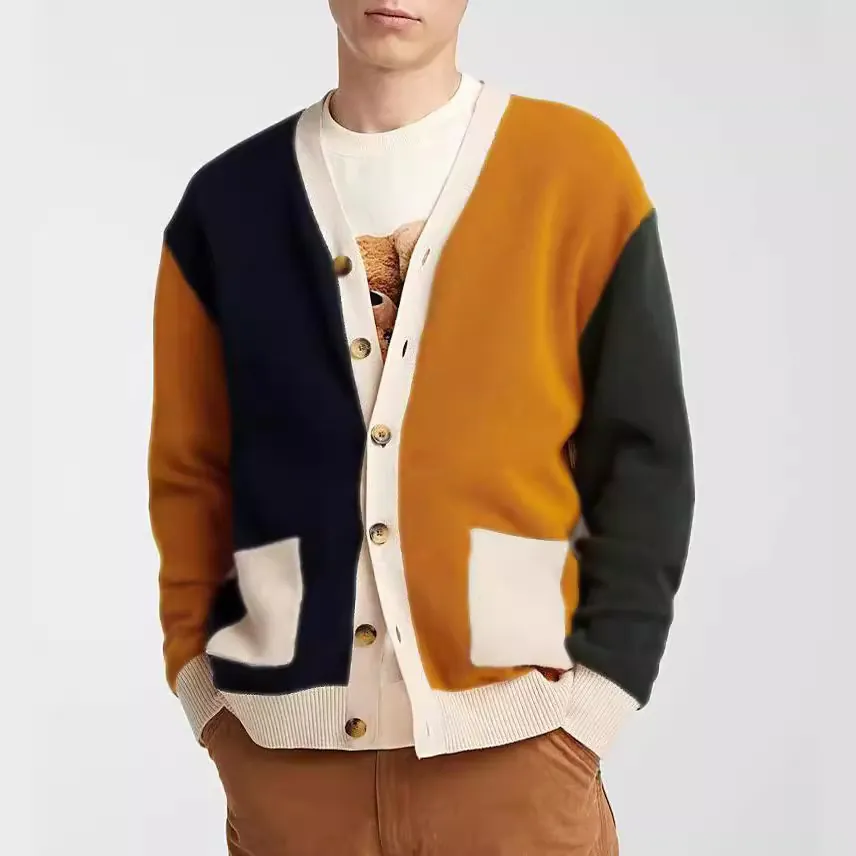 Men's Color-Block V-Neck Knit Cardigan Slim Fit Long Sleeve Casual Button Down Sweater Jacket Top