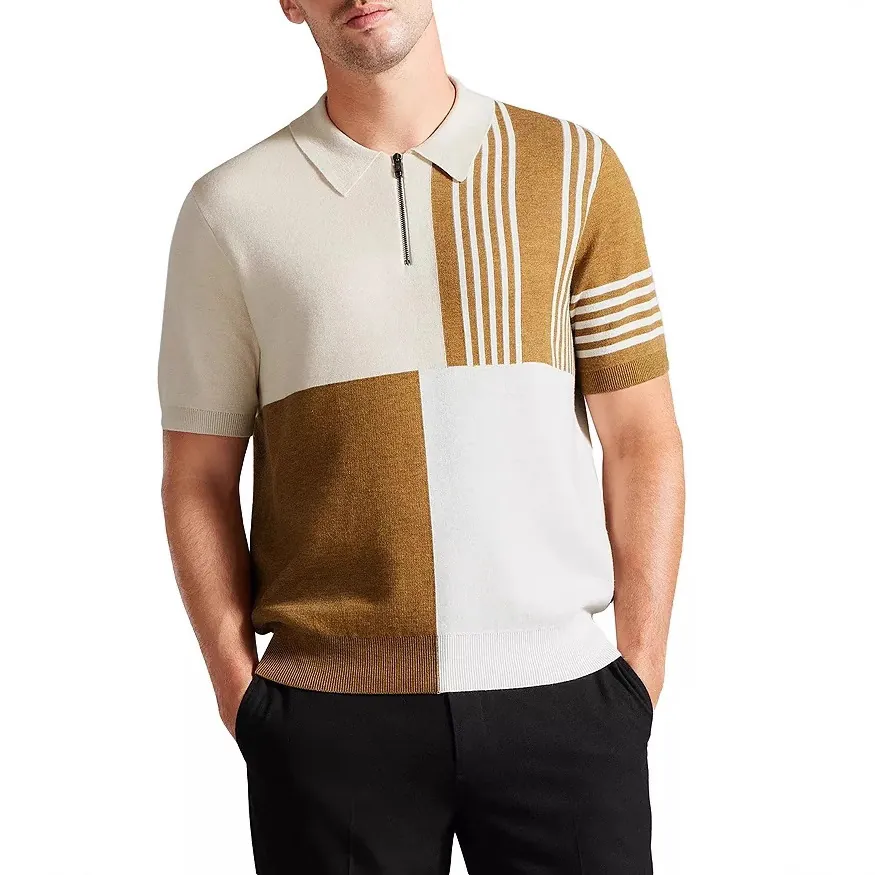 Polo en Maille pour Hommes Manches Courtes Été Color-block Couture Fermeture Éclair Revers Décontracté Acrylique Style Britannique Respirant Top