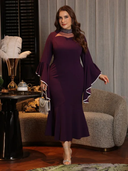 Plus Size Women Elegant Purple Dress Mesh Rhinestone U-Neck Long Sleeve Bodycon Fishtail Banquet Party Dress Polyester Gown