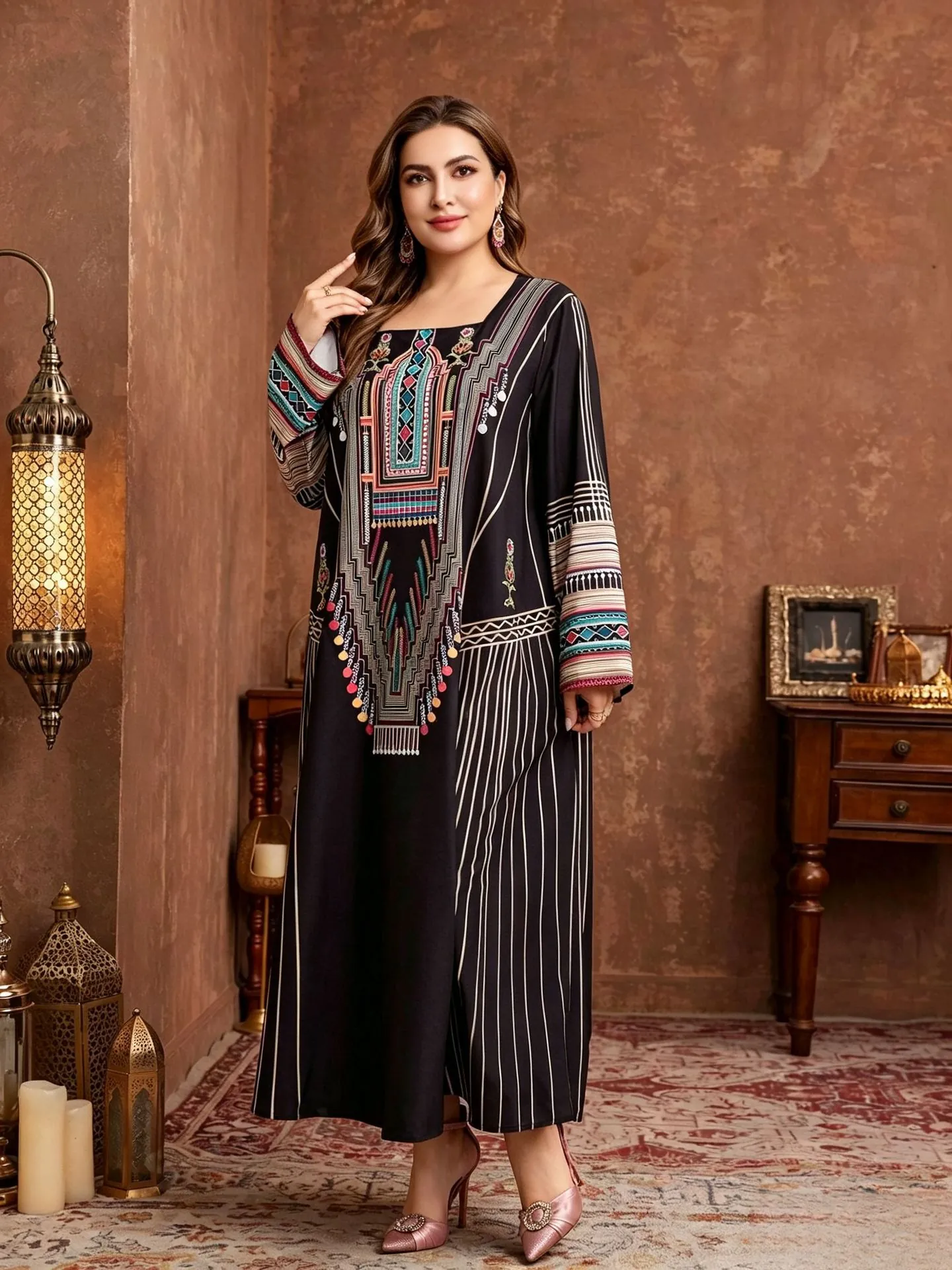 Women Plus Size Ethnic Print Maxi Dress Elegant Loose Long Robe Polyester Geometric Striped Long Sleeve Kaftan Dress