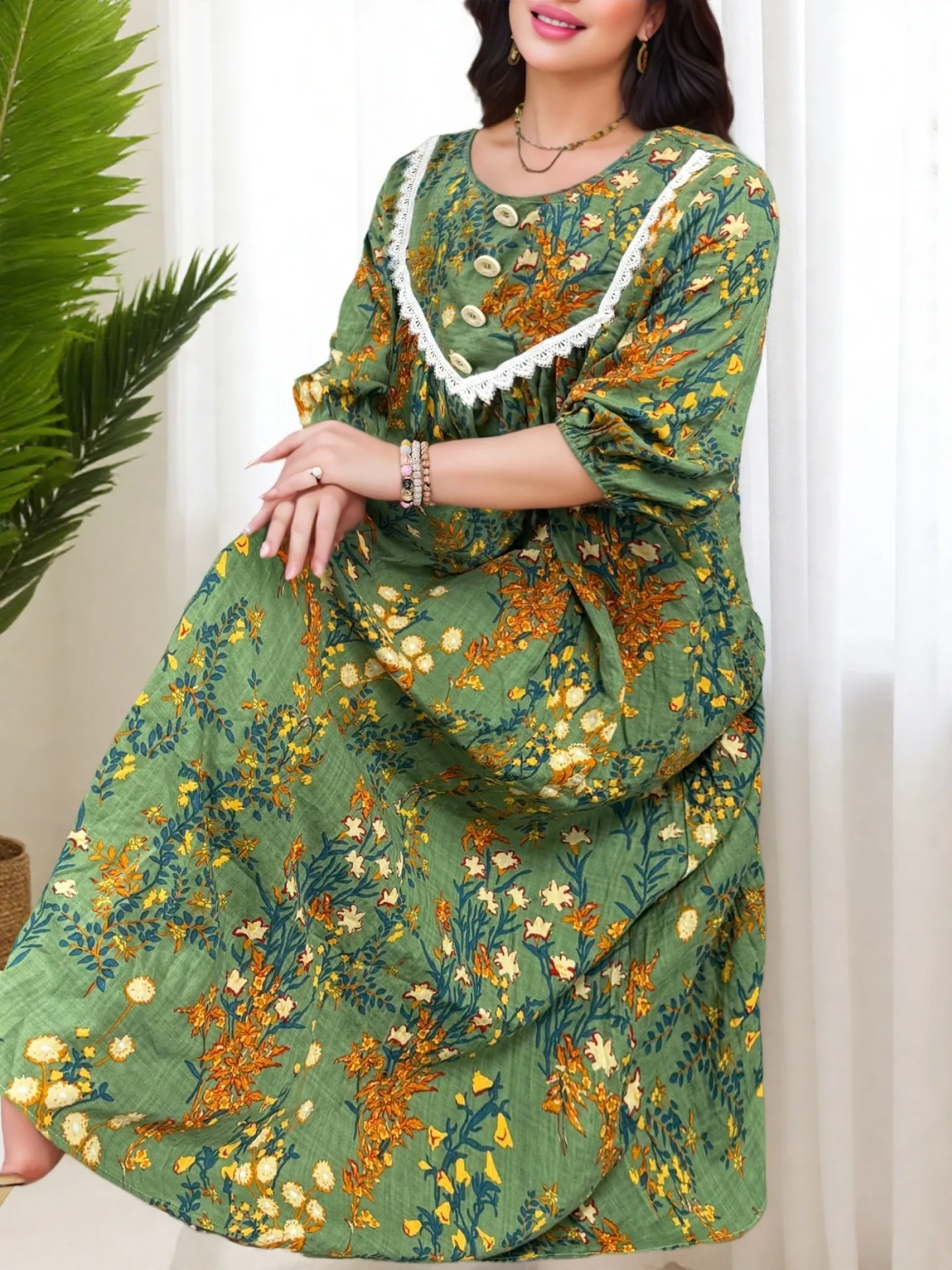 Plus Size Retro Floral Printed Lantern Sleeve Lace Patchwork Maxi Dress Elegant Casual Holiday Top And Bottom Women Clothing