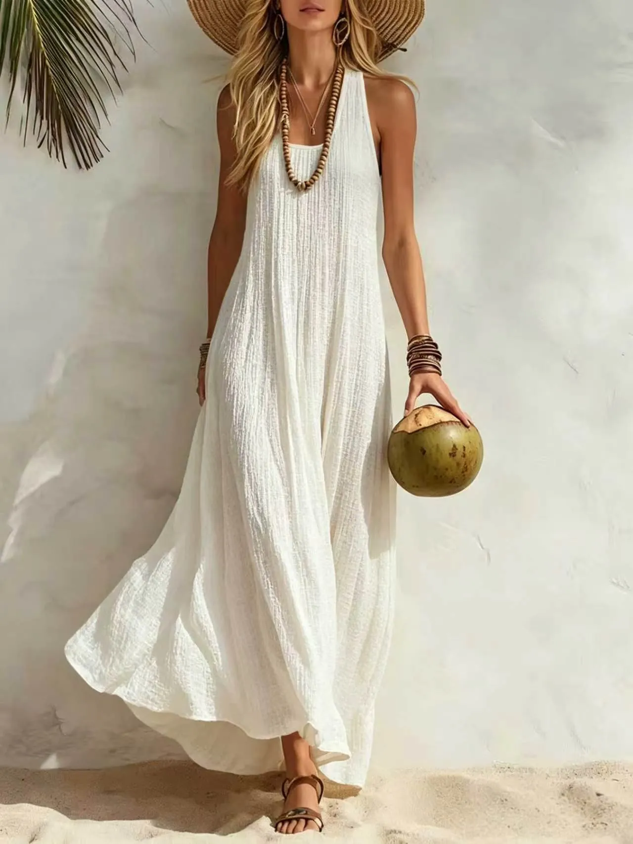 Women's Sleeveless Pleated Maxi Dress Bohemian Beach Vacation U-Neck Loose Fit Crinkled Solid Color Vest Dress Top And Bottom