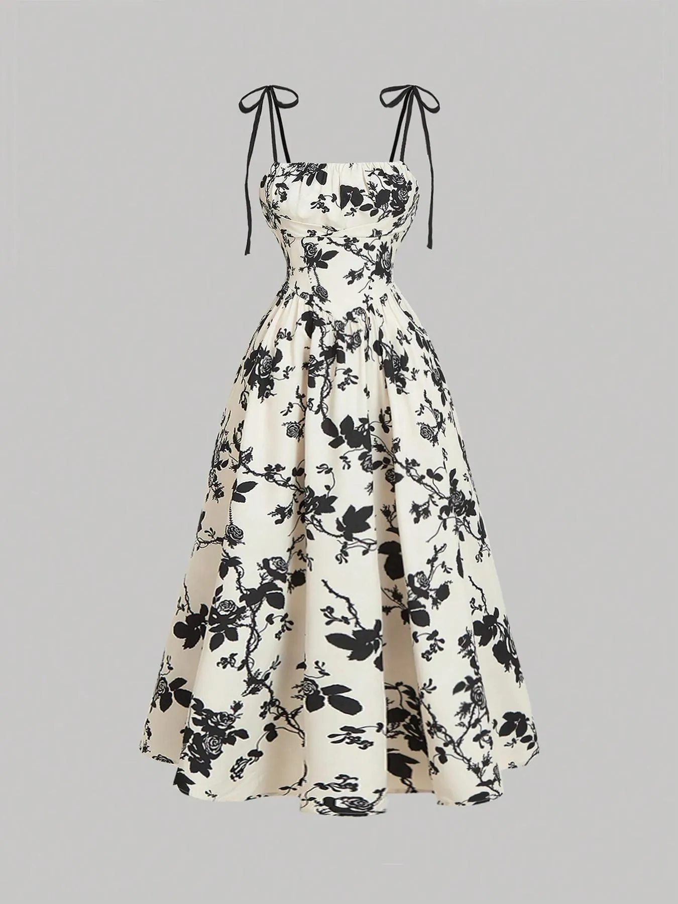 Vestido Midi de Tirantes con Estampado Floral para Mujer Verano Vintage Dulce Vestido de Sol Playa Poliéster Elastano Sin Mangas
