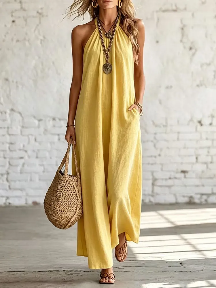 Women Casual Loose Cotton Linen Halter Backless Maxi Dress Vacation Style Sleeveless Solid Color Long Dress With Pockets