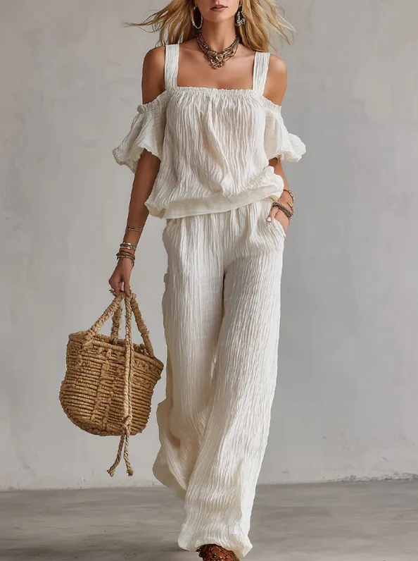 Women Vacation Textured Fabric Top And Bottom Cold Shoulder Cami And Wide Leg Pants Casual Summer Loose Bohemian Style Clothes