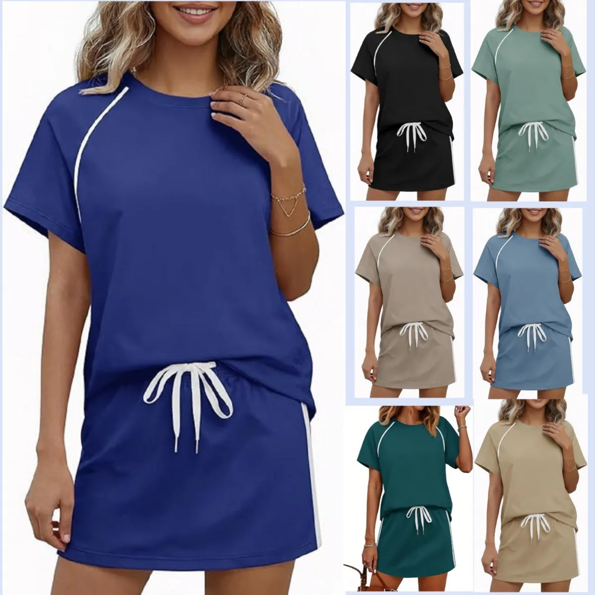 Γυναικείο Casual Αθλητικό Top And Bottom Σετ Κοντομάνικο Ριγέ T-Shirt με Στρογγυλή Λαιμόκοψη και Μίνι Φούστα με Κορδόνι