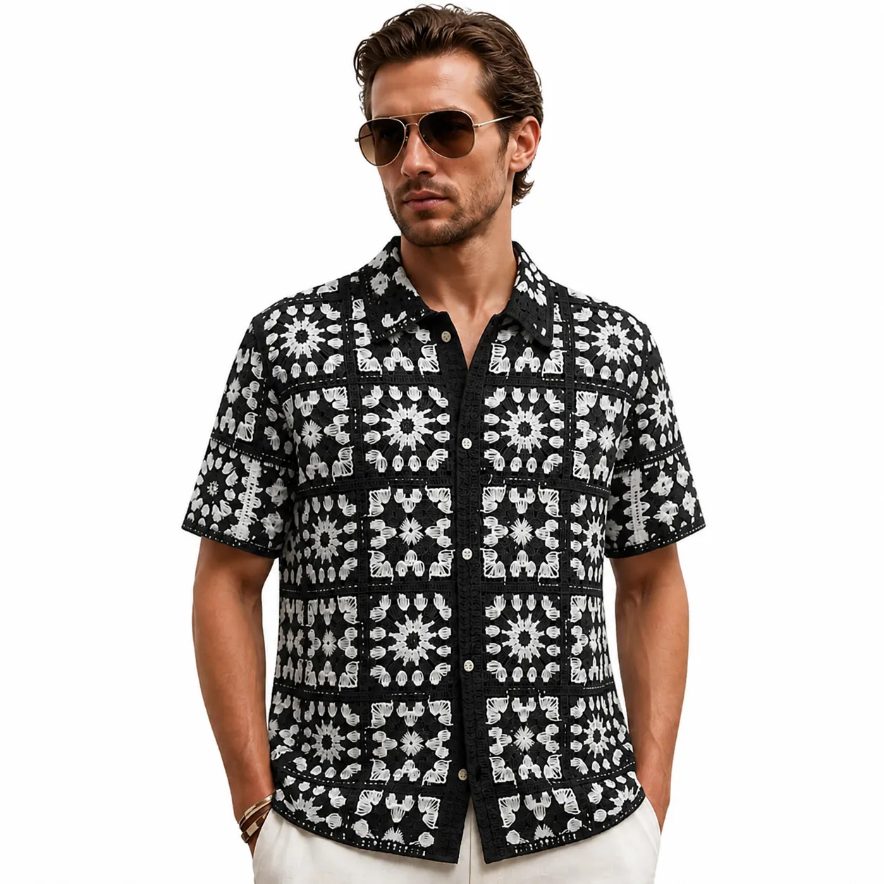 Heren Retro Etnische Stijl Opengewerkt Haken Gebreid Poloshirt Korte Mouw Vintage Patchwork Casual Zomer Breigoed Top SJ0005