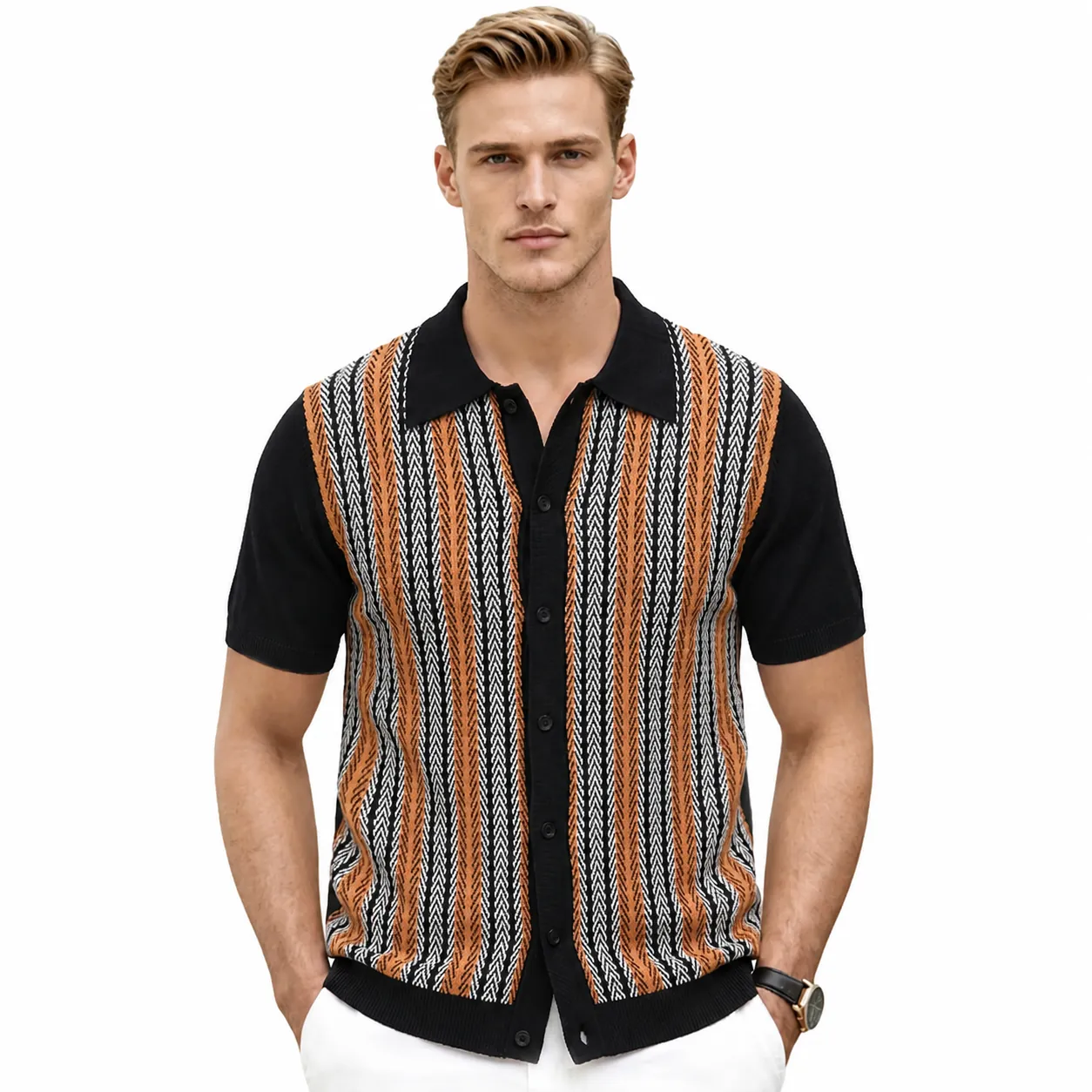 Polo de Punto a Rayas Retro para Hombre Manga Corta Cárdigan Abierto Delantero Viscosa Transpirable Verano Casual Top de Punto para Hombre