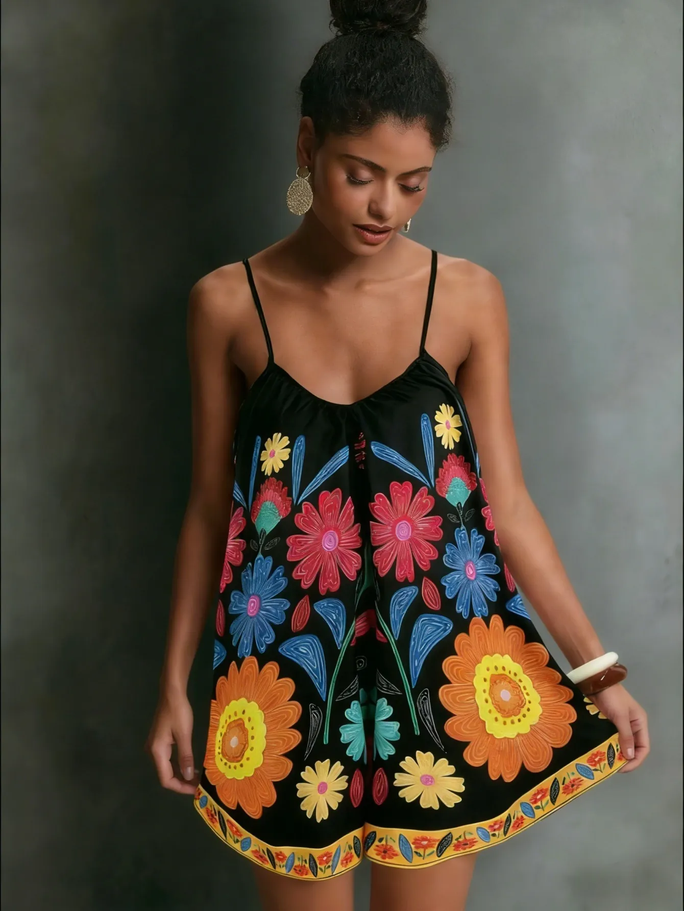 Women's Ethnic Print V Neck Cami Dress Sexy Backless Summer Vacation Polyester Mini Dress Boho Floral Printed Sleeveless Dress