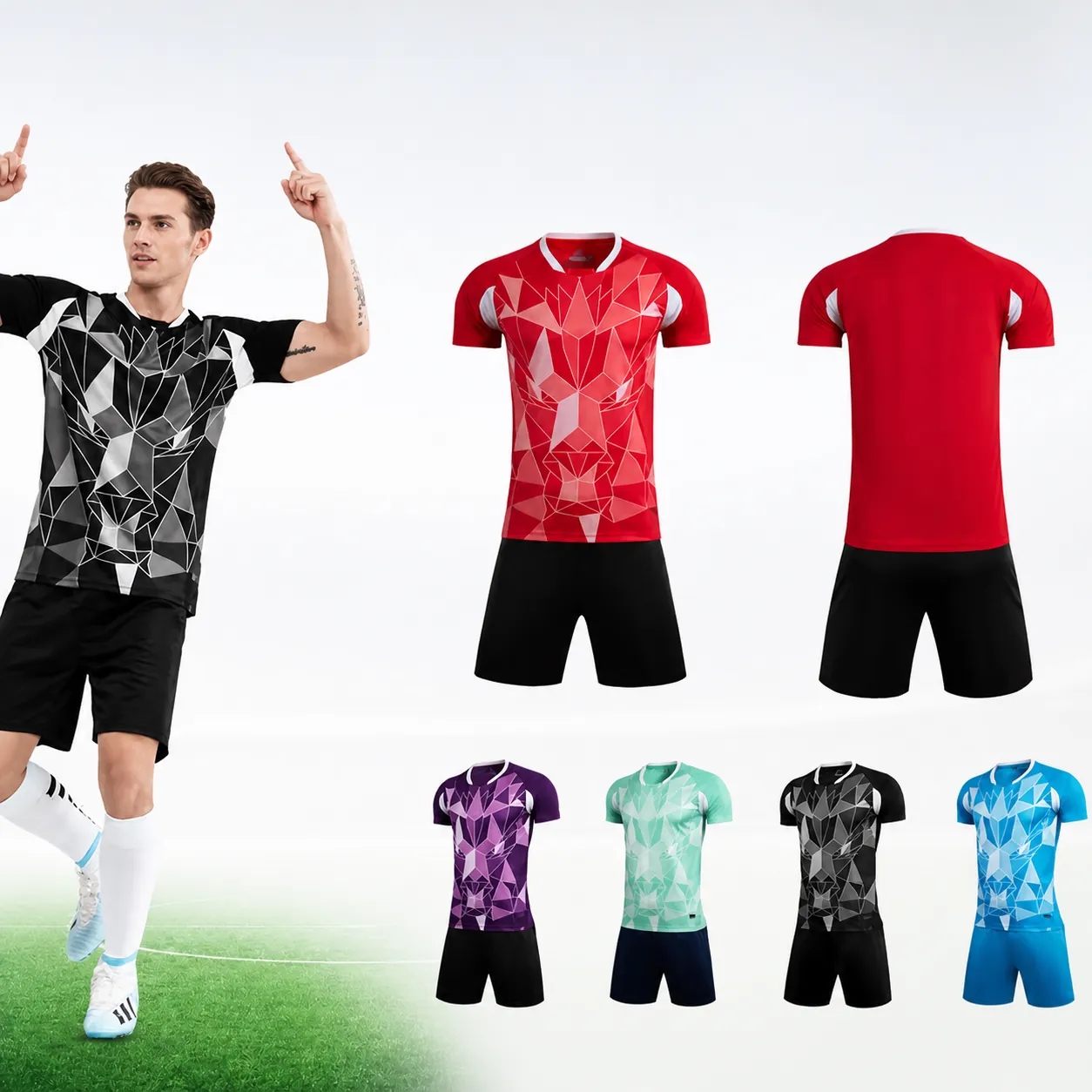 Professionelles Polyester Fußball Trainings Top Und Bottom Geometrischer Löwen-Druck Atmungsaktives Schnelltrocknendes Trikot-Set Erwachsene Kinder