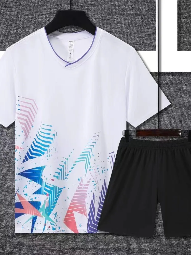 Professional Badminton Shirt Quick Dry Breathable Sports Training Top For Men Women Kids Geometric Printed V-Neck Short Sleeve Athletic Top