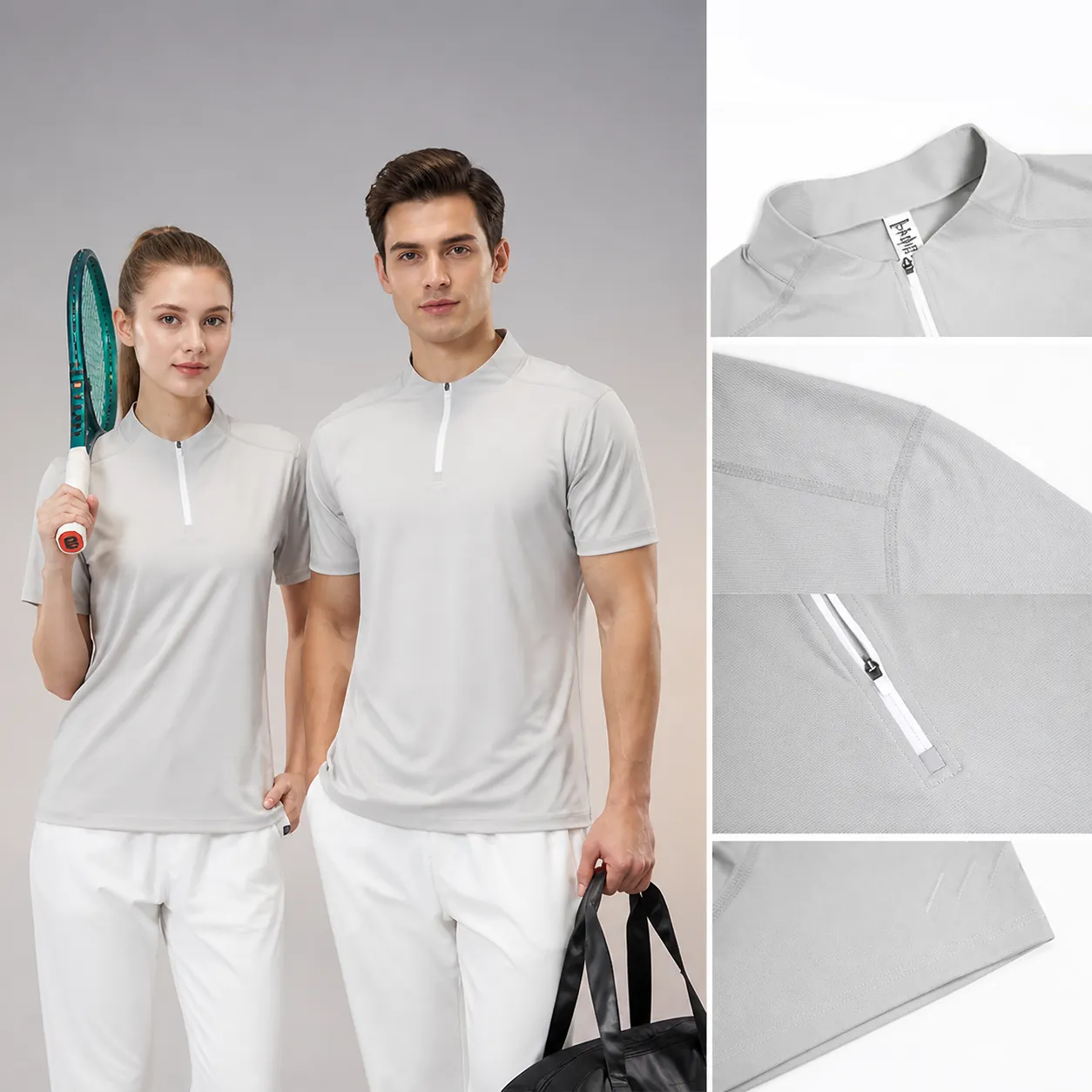 T-Shirt de Sport à Séchage Rapide en Soie Glacée pour Hommes et Femmes avec Demi-Zip Col Montant Manches Courtes Haut de Sport