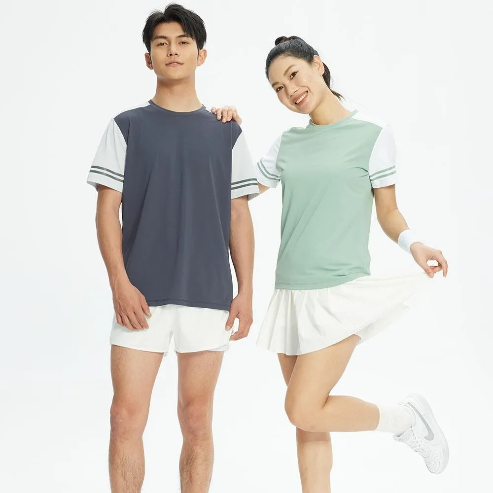 Unisex Schnelltrocknendes Sport T-Shirt Atmungsaktiv Polyester Rundhals Kurzarm Lauf-Top Kontrastfarbe Gestreiftes Workout Shirt
