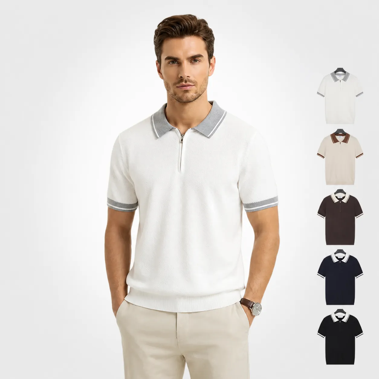 Men Summer Ice Silk Knitted Polo Shirt Contrast Color Short Sleeve Zip Top Breathable Business Casual Slim Fit Knitwear
