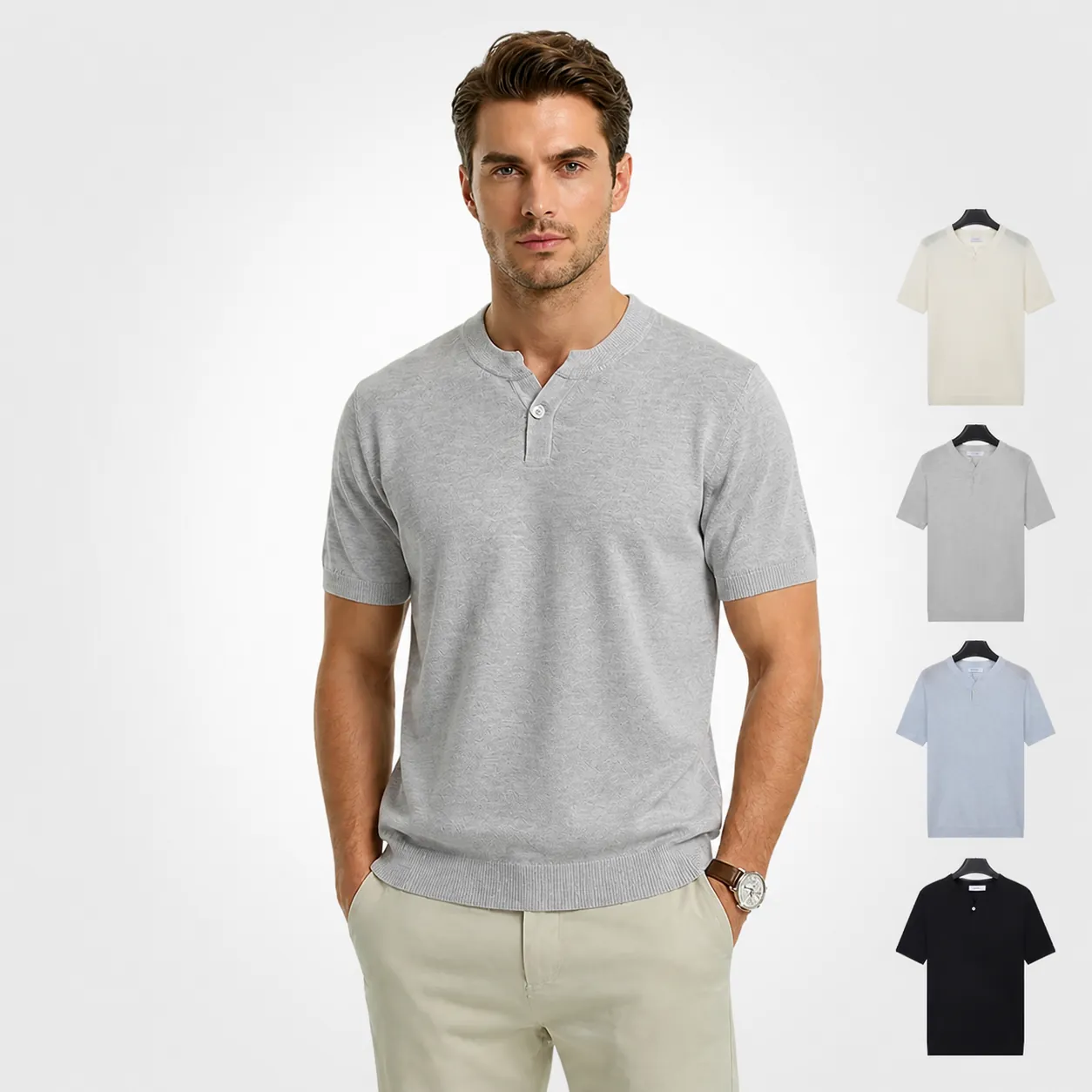 Men's Summer Ice Silk Knitted Henley T-Shirt Slim Fit Solid Color Short Sleeve Breathable Casual Knitted Top Comfortable Fashion Men Clothing