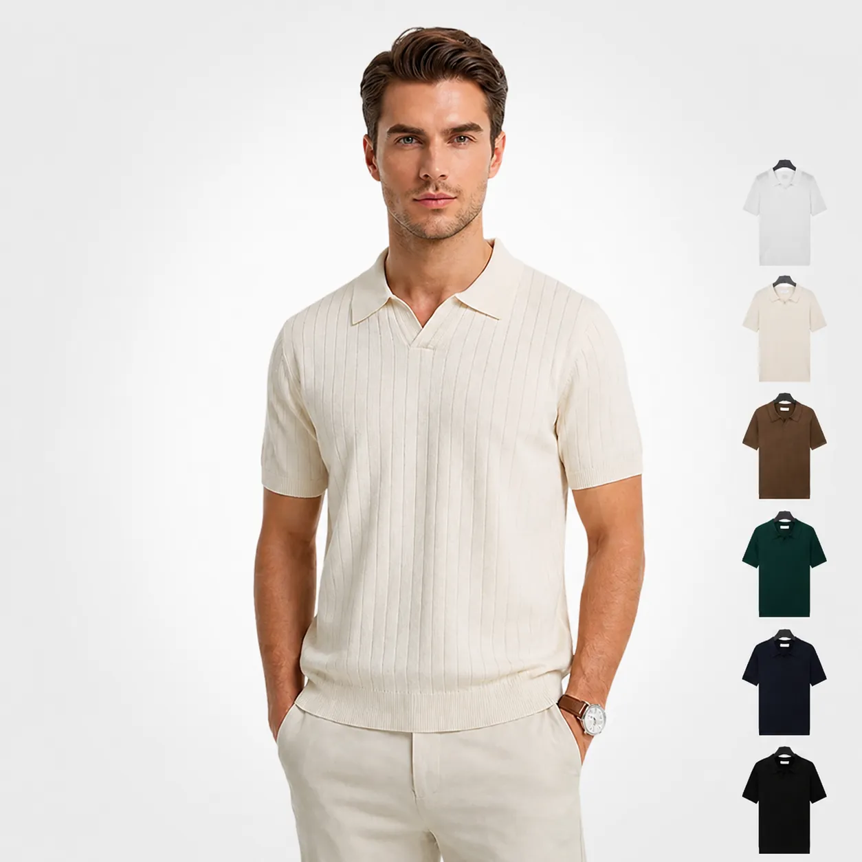 Polo d'Été en Soie de Glace pour Hommes Col Mouette Nervuré Verticalement T-Shirt en Tricot Respirant à Manches Courtes