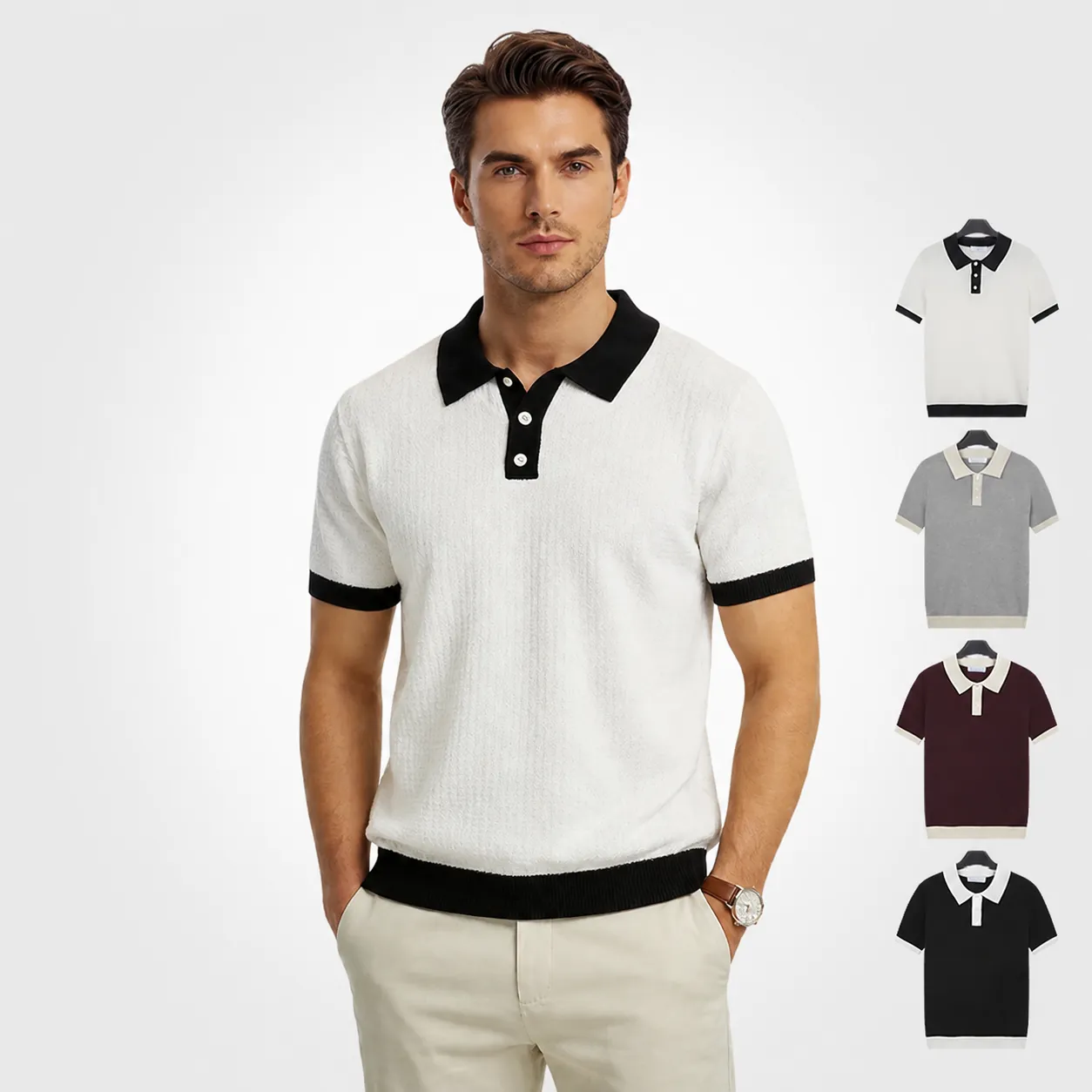 Men Summer Thin Ice Silk Cool Feel Half Button Waffle Knit Short Sleeve Polo Shirt Breathable Casual Fashion Streetwear Top