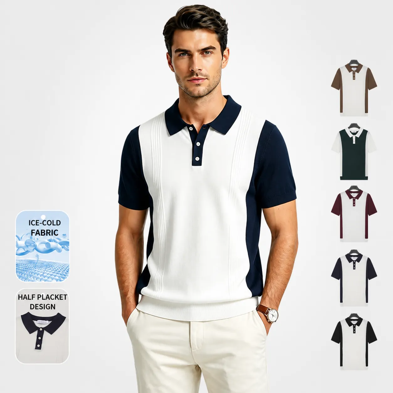 Polo de Punto para Hombre Estilo Old Money Bloques de Color Casual Seda de Hielo Manga Corta Solapa Ajustado
