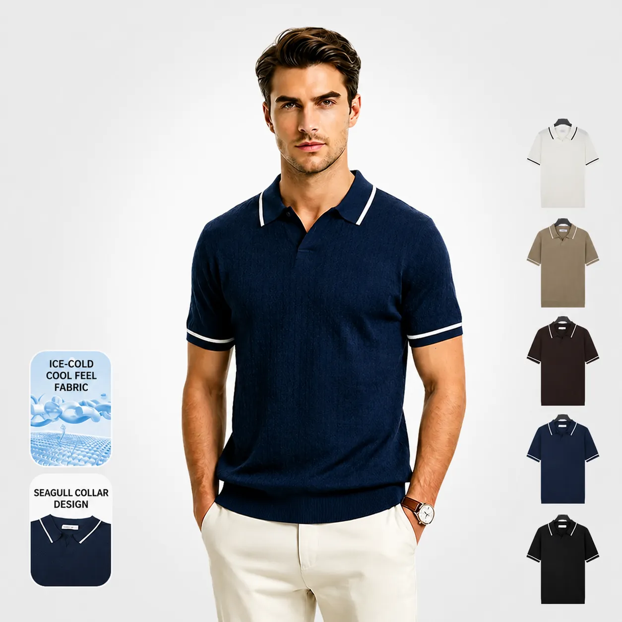 Polo pour Hommes en Soie Glacée Sensation de Fraîcheur Col Mouette Haut en Tricot à Manches Courtes Couleur Unie Respirant Coupe Slim Été