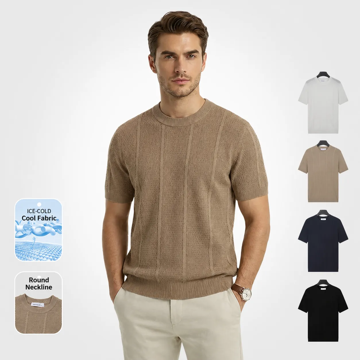 Men Ice Silk Knitted T-Shirt Short Sleeve Crew Neck Viscose Polyester Old Money Style Breathable Solid Color Smart Casual Top