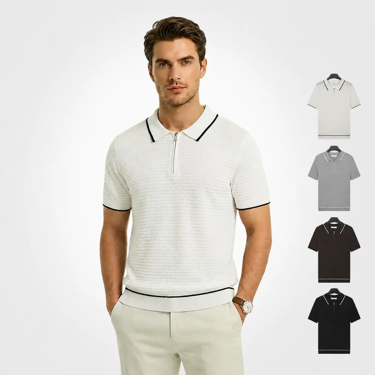 Polo in Maglia di Seta di Ghiaccio Rinfrescante da Uomo Manica Corta Scollo con Cerniera Colore a Contrasto Top in Maglia Business Casual