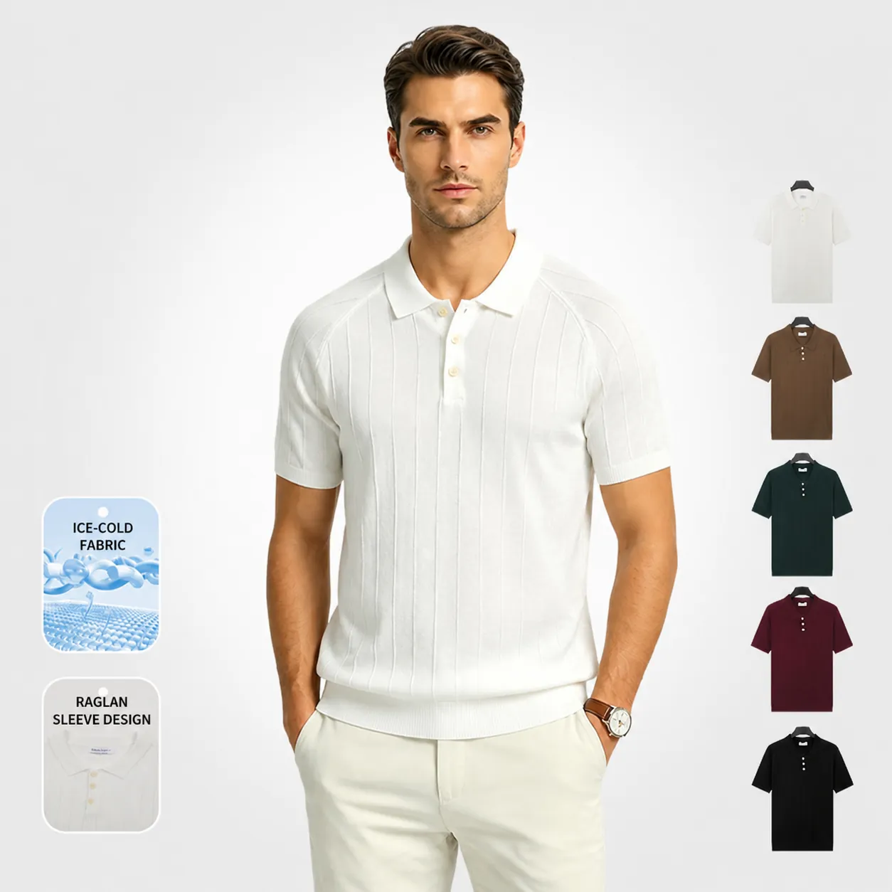 Heren Ice Silk Poloshirt Gebreid Korte Mouw Geribbeld Ademend Business Casual Koel Half Knoopsgat Kraag Klassiek Soft Top