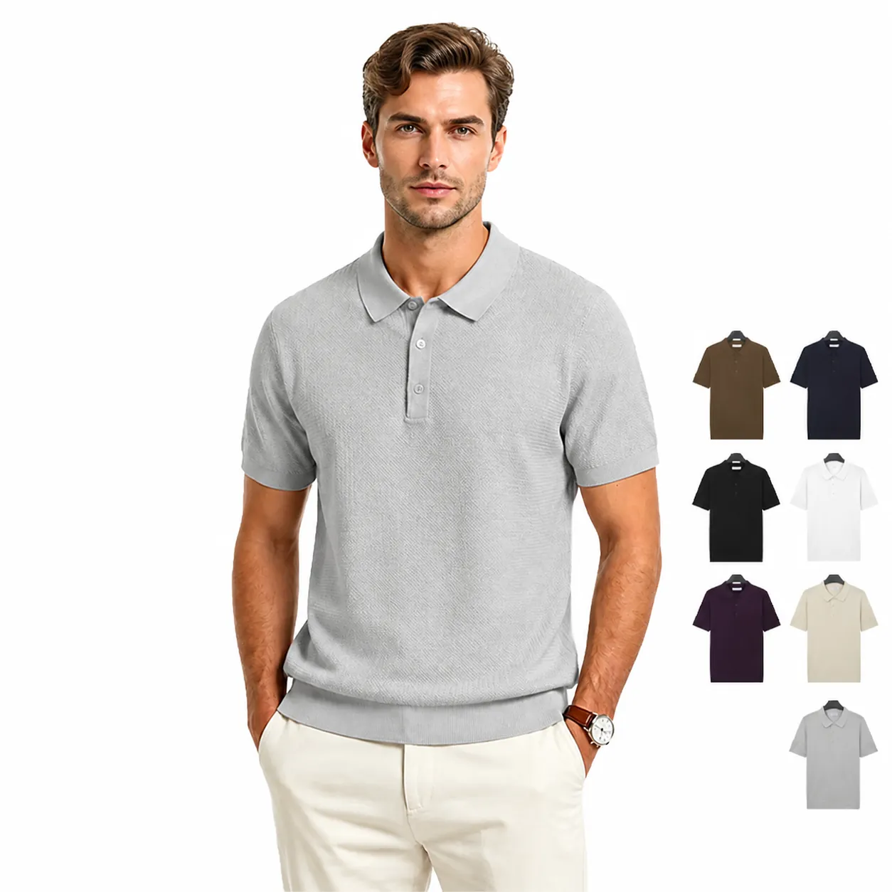 Men's Ice Silk Knitted Polo Shirt Short Sleeve Breathable Solid Color Slim Fit Casual Knitted Top For Summer