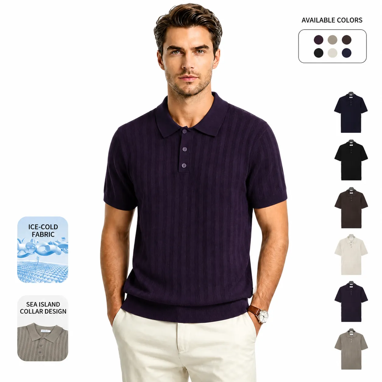 Men Ice Silk Knitted Polo Shirt Short Sleeve Breathable Ribbed Business Casual Solid Color Summer Fashion Slim Fit Top