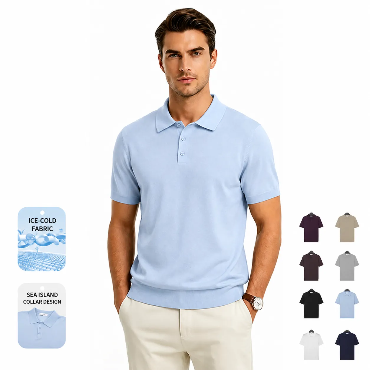 Men Summer Ice Silk Short Sleeve Polo Shirt Cooling Breathable Wrinkle Resistant Business Casual Knitted Top