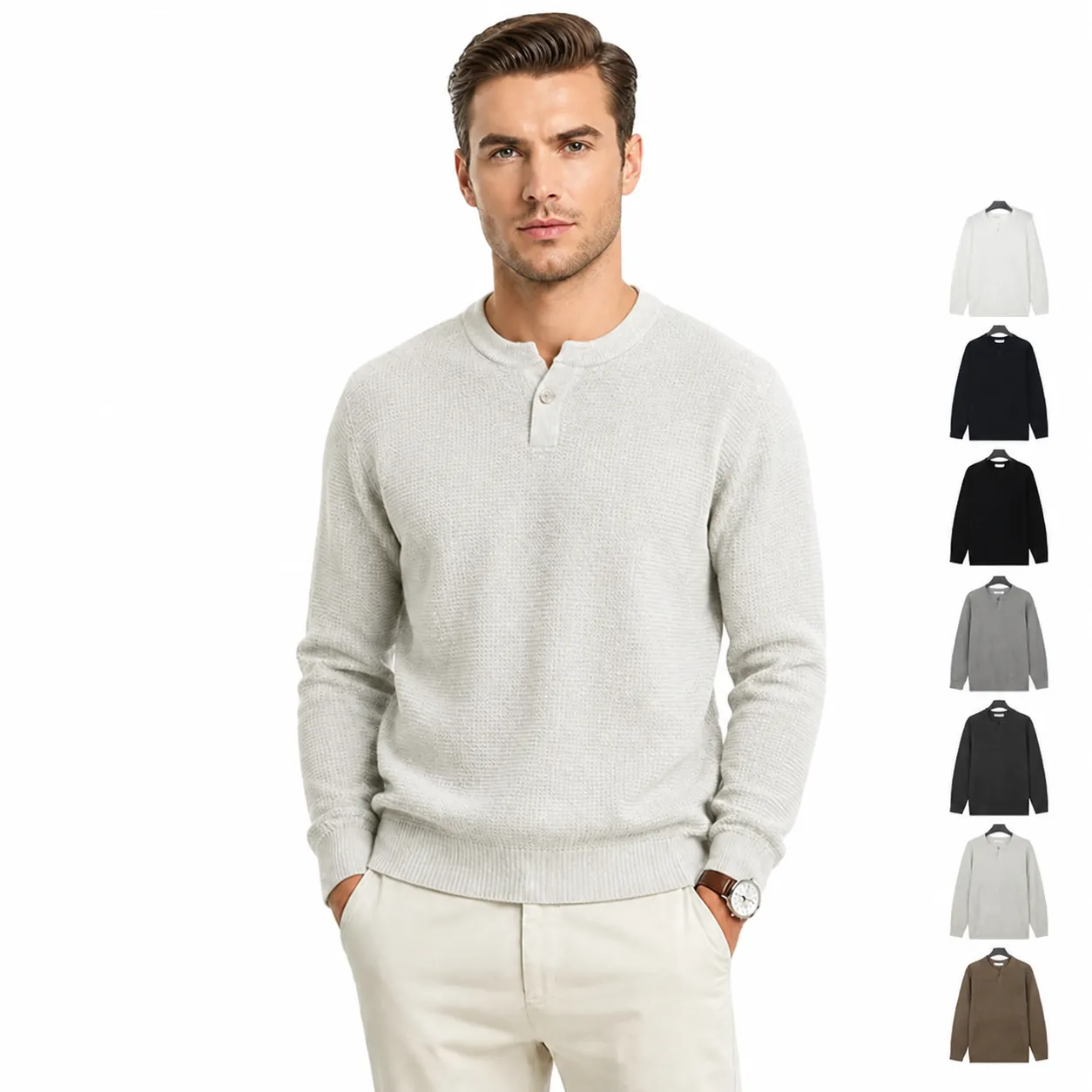 Pull en Tricot Business Décontracté pour Hommes Col Henley Couleur Unie Pullover Manches Longues Style Old Money Haut Chaud