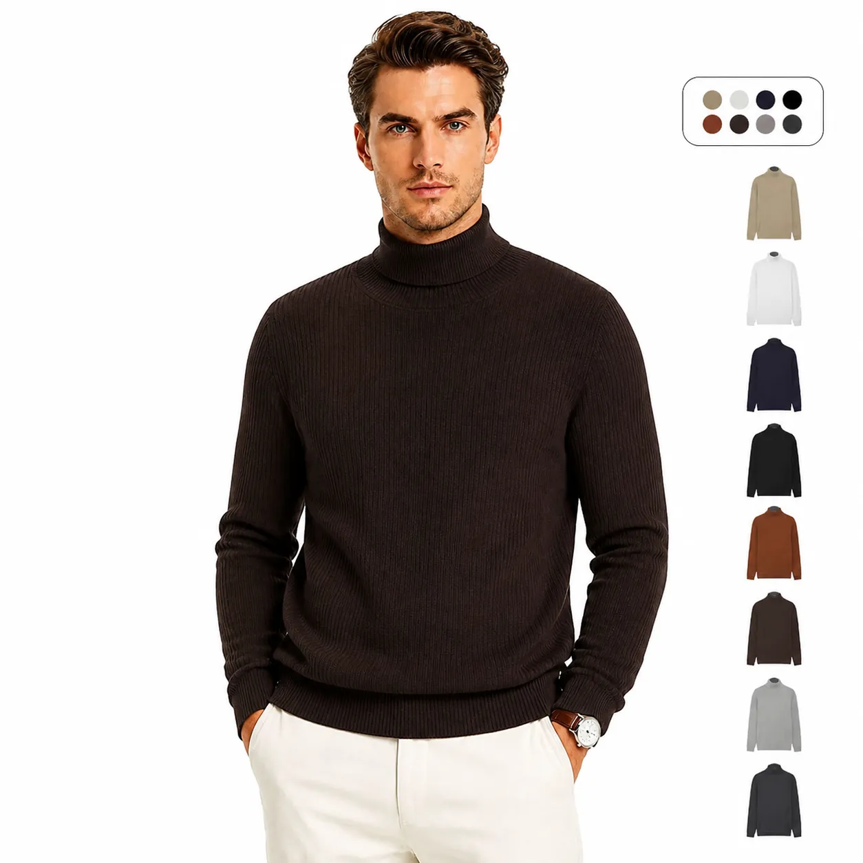 Heren Premium Coltrui Gebreide Trui Effen Kleur Lange Mouwen Slim Fit Zakelijk Casual Warm Top
