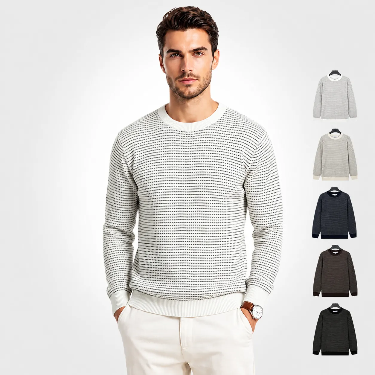Men Autumn Winter Classic Crew Neck Knitted Sweater Long Sleeve Warm Textured Pullover Casual Old Money Style Top
