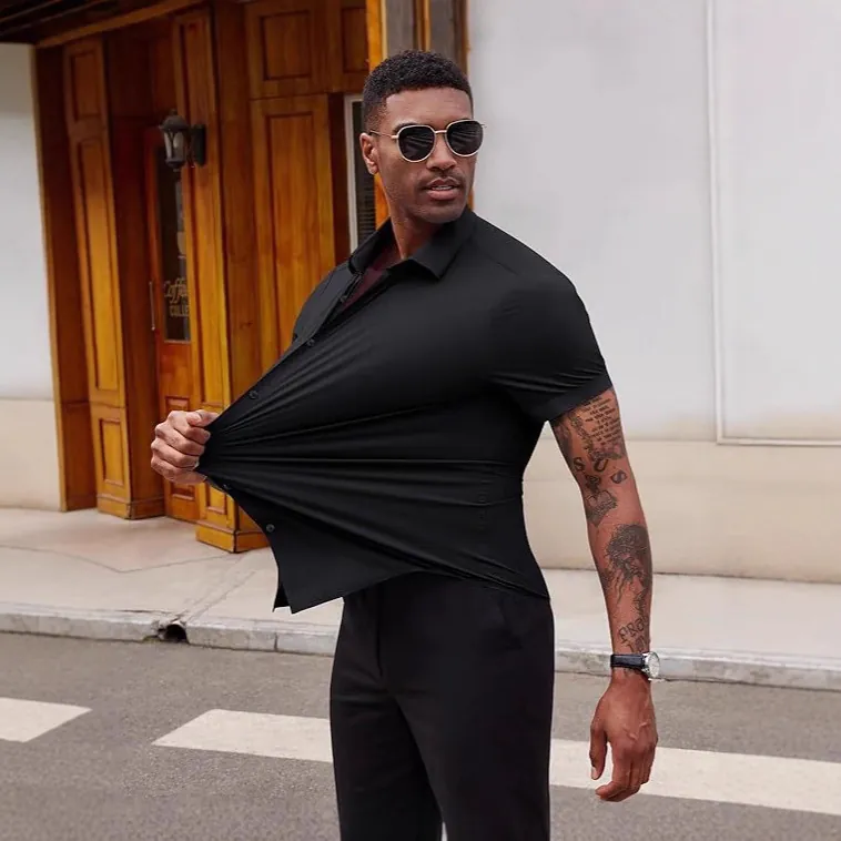 Chemise Muscle Fit pour Homme Haute Élasticité Manches Courtes Business Décontractée Sans Couture Polyester Élasthanne