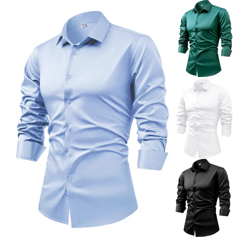 Chemise Habillée en Satin à Manches Longues pour Hommes Business Casual Boutonnée Anti-rides Couleur Unie