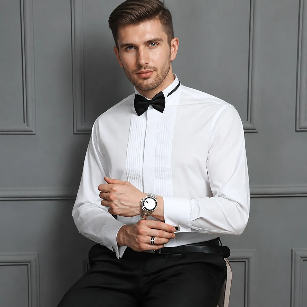 Formal Tuxedo Dress Shirt Cotton Blend Wing Collar Pleated Front French Cuffs With Bow Tie Cufflinks For Wedding Banquet