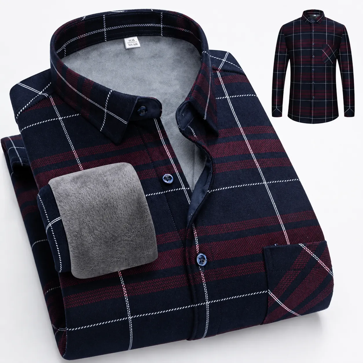Camicia da Uomo Casual a Quadri a Maniche Lunghe Spazzolata Foderata in Pile Ispessita Caldo Top Colletto Quadrato Abbottonato Camicia alla Moda