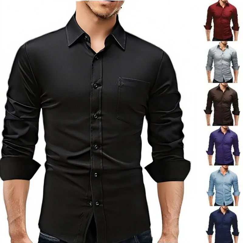 Camisa de Vestir Formal de Manga Larga para Hombre Elástica Resistente a las Arrugas Color Sólido Camisa de Oficina Casual